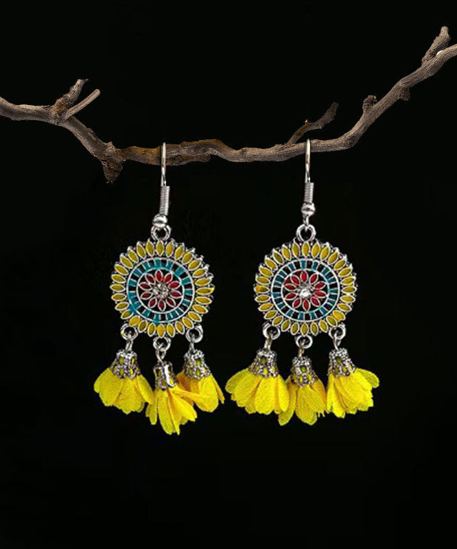 Boho Yellow Sterling Silver Floral Tassel Drop Earrings