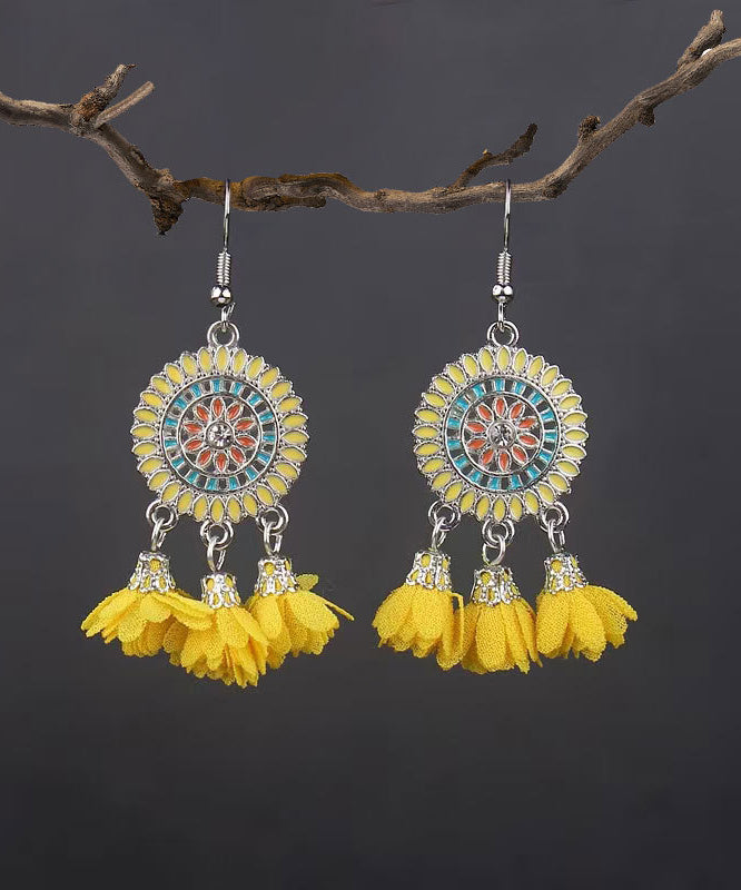Boho Yellow Sterling Silver Floral Tassel Drop Earrings