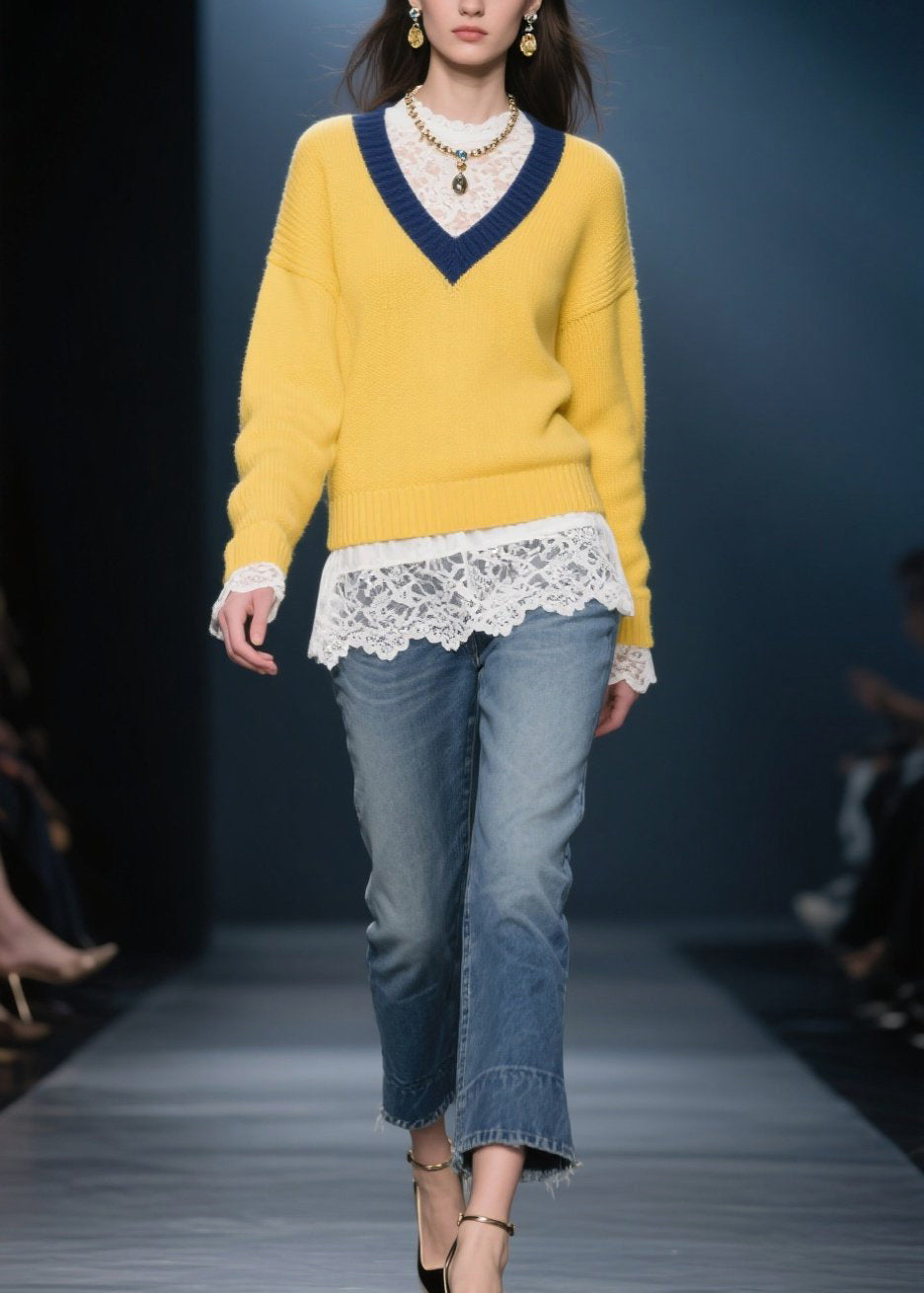 Boho Yellow V Neck Warm Knitted Tops Winter