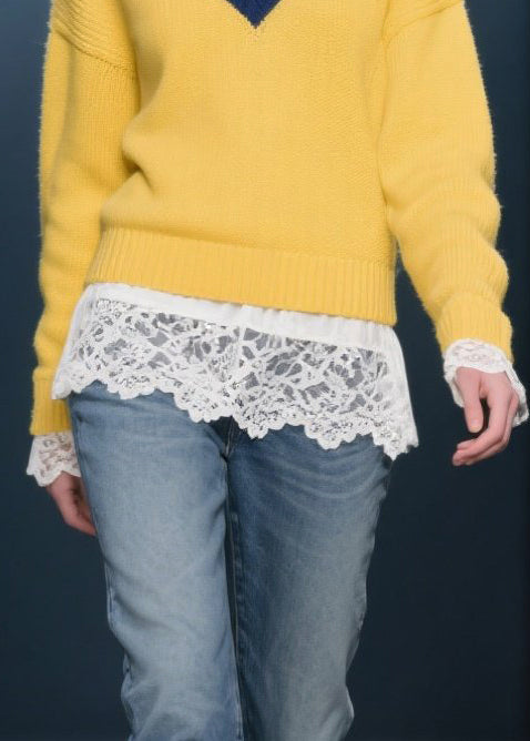 Boho Yellow V Neck Warm Knitted Tops Winter
