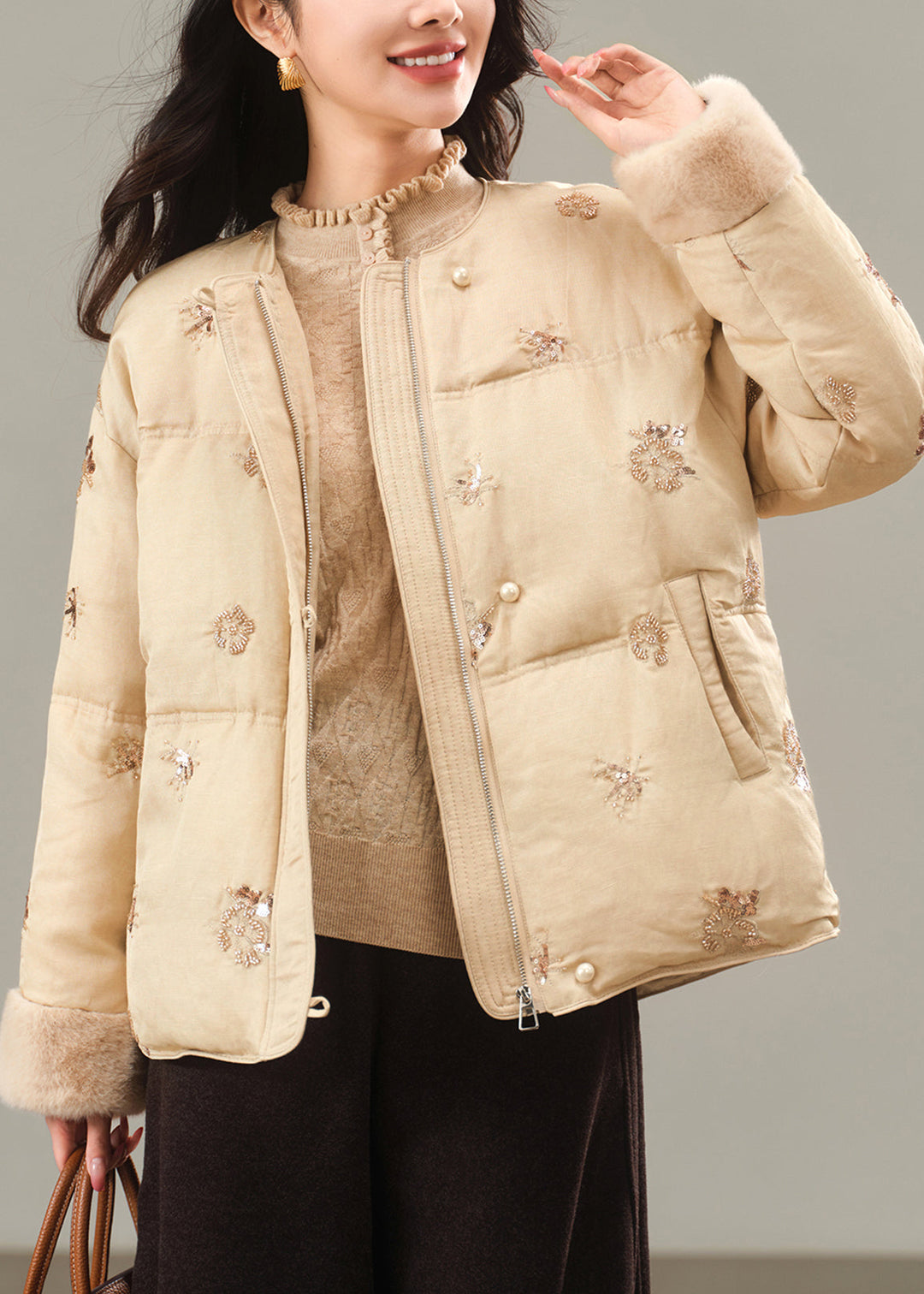 Boutique Apricot Embroidered Patchwork Duck Down Down Coats Winter