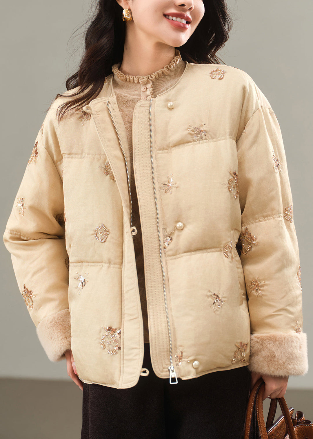 Boutique Apricot Embroidered Patchwork Duck Down Down Coats Winter
