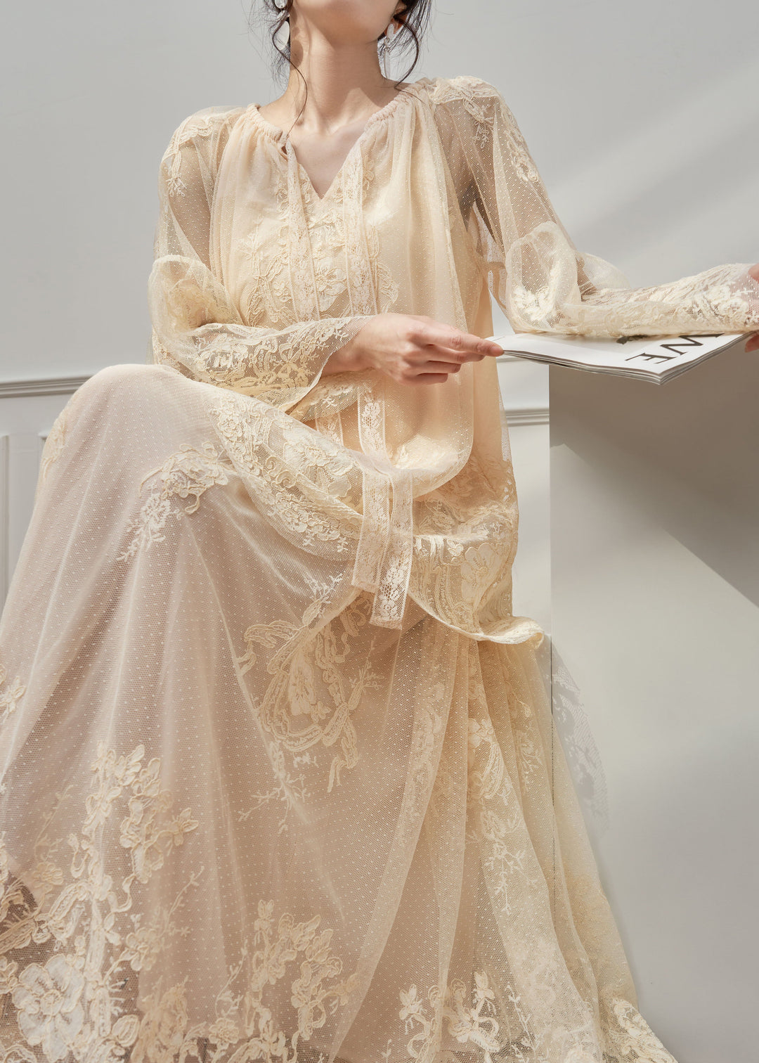 Boutique Apricot V Neck Lace Top And Skirts Set Spring