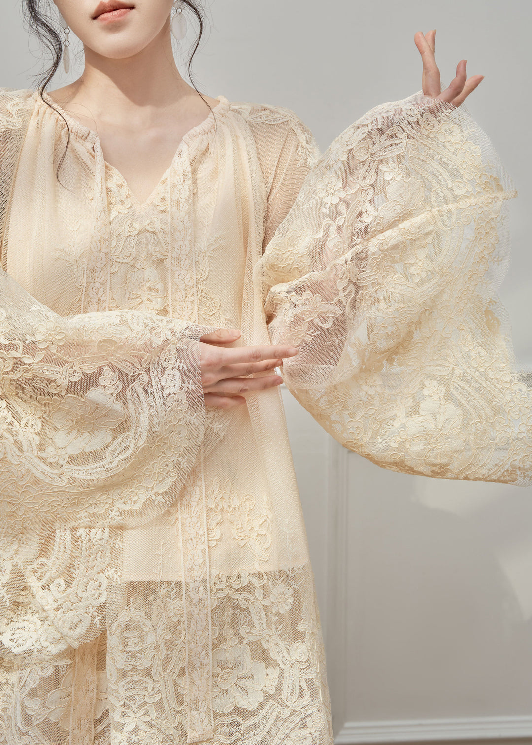 Boutique Apricot V Neck Lace Top And Skirts Set Spring