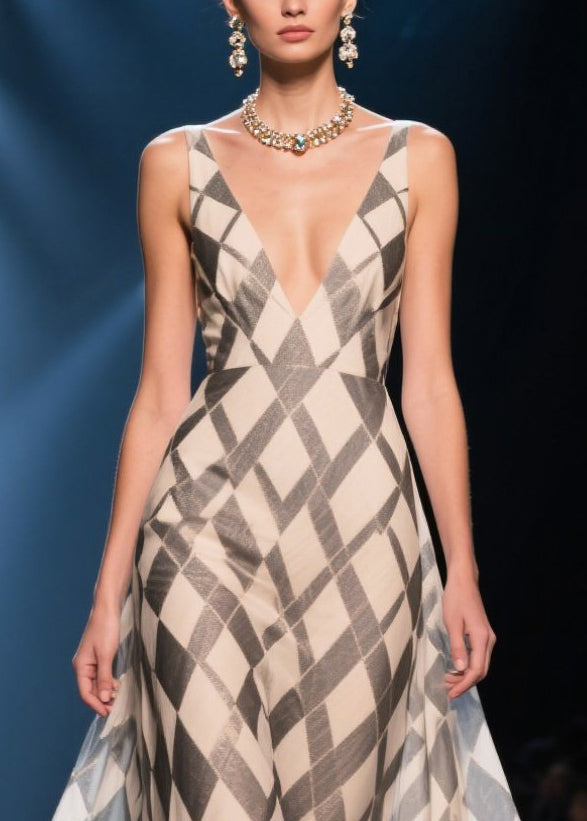 Boutique Apricot V Neck Plaid Chiffon Summer Dress