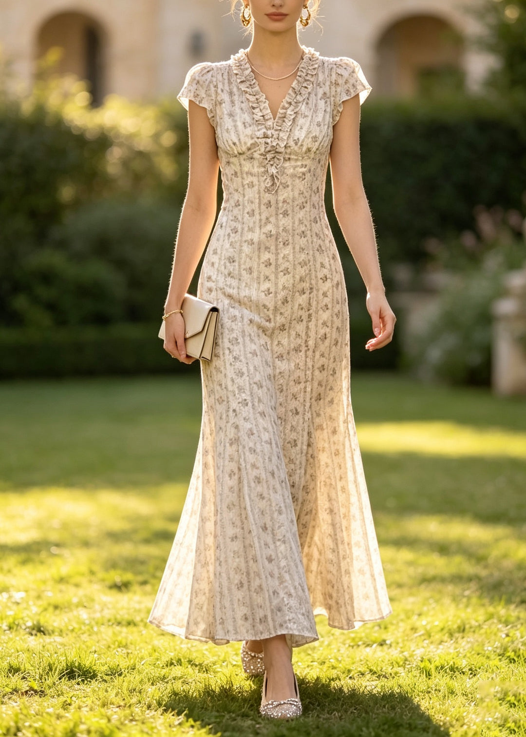 Boutique Apricot V Neck Ruffled Print Cotton Maxi Dresses Summer