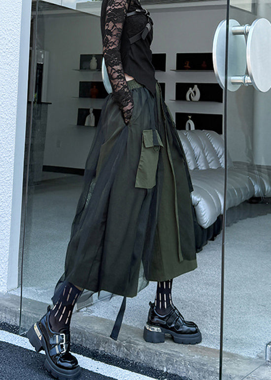 Boutique Army Green Pockets Tulle Patchwork Cotton Pants Summer