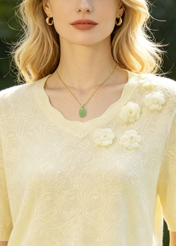 Boutique Beige Jacquard Handmade Floral Knit Shirt Top Summer