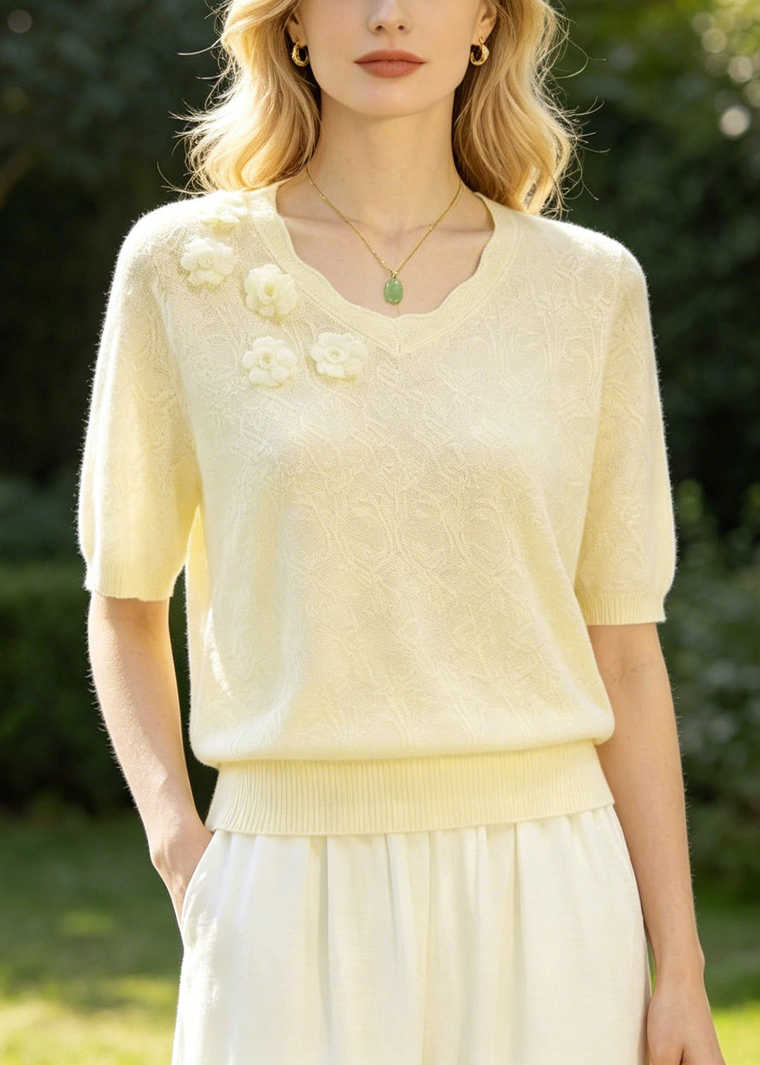 Boutique Beige Jacquard Handmade Floral Knit Shirt Top Summer