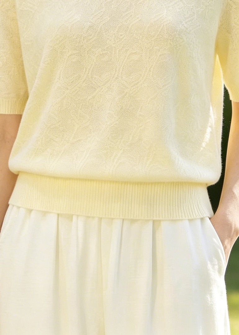 Boutique Beige Jacquard Handmade Floral Knit Shirt Top Summer