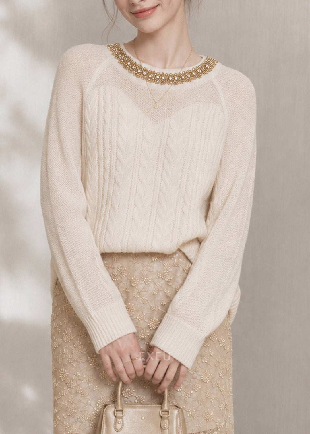 Boutique Beige O-Neck Nail Bead Cotton Knit Sweater Tops Fall