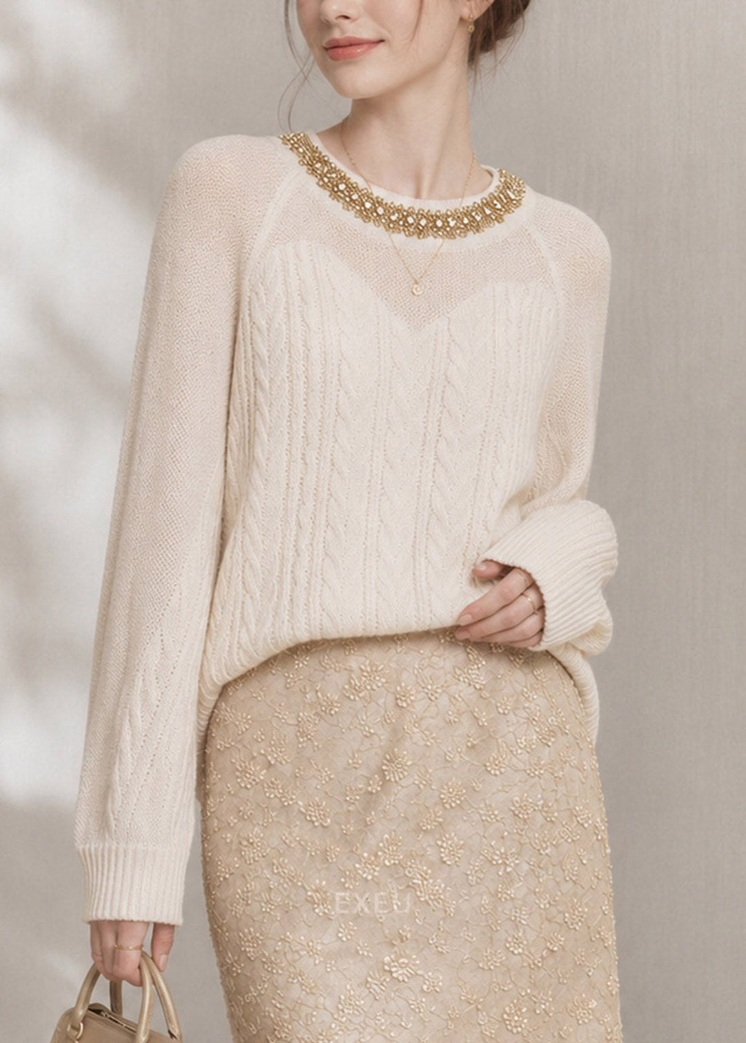 Boutique Beige O-Neck Nail Bead Cotton Knit Sweater Tops Fall