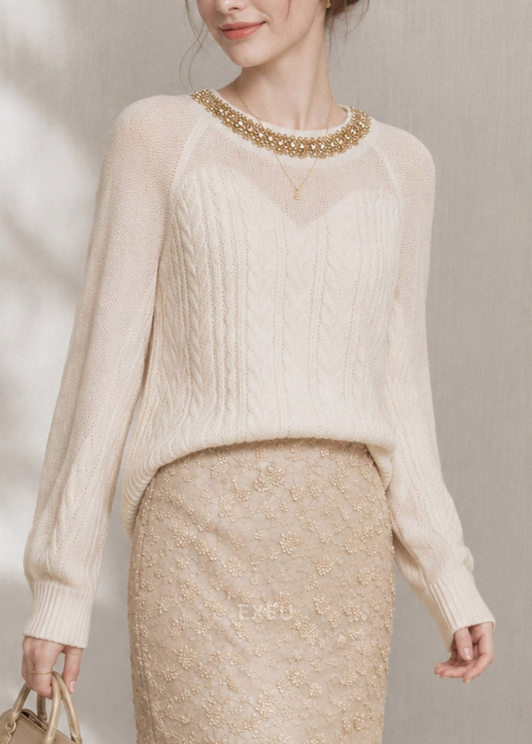 Boutique Beige O-Neck Nail Bead Cotton Knit Sweater Tops Fall