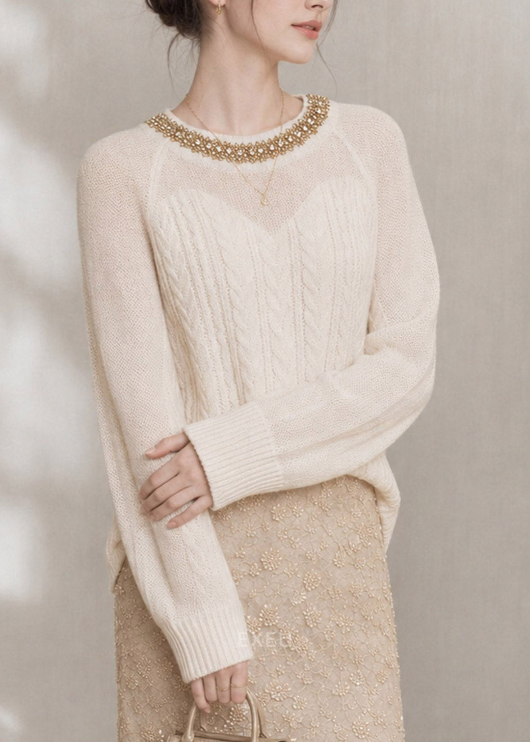 Boutique Beige O-Neck Nail Bead Cotton Knit Sweater Tops Fall