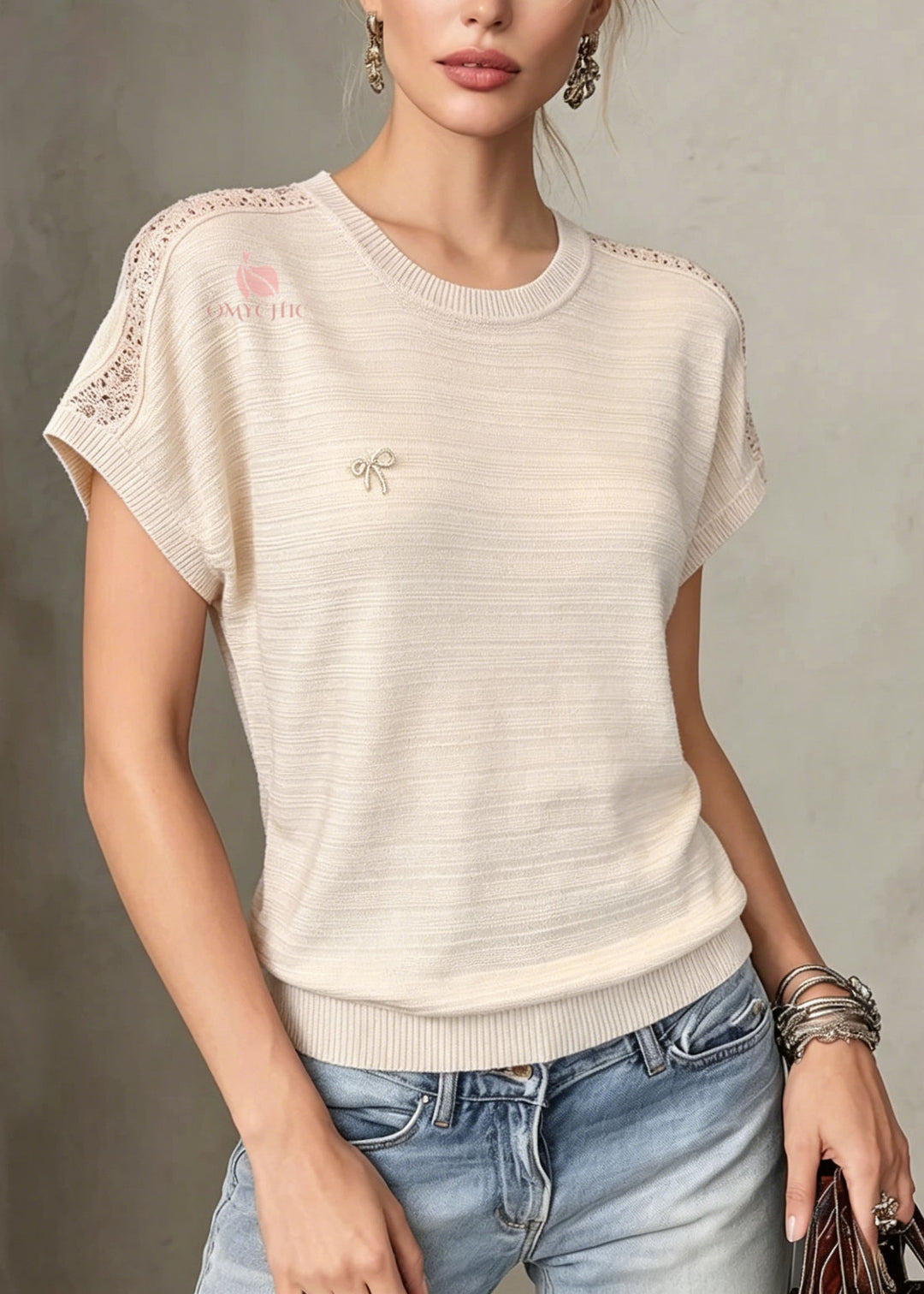 Boutique Beige O Neck Zircon Ice Silk Knit T Shirt Summer