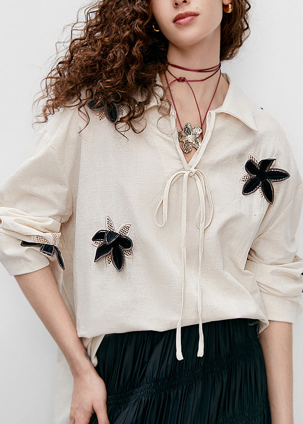 Boutique Beige Peter Pan Collar Floral Cotton Top Fall