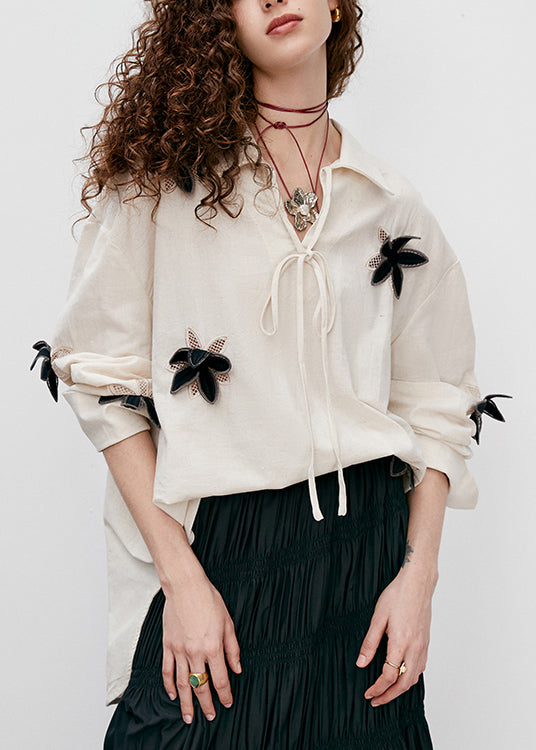 Boutique Beige Peter Pan Collar Floral Cotton Top Fall