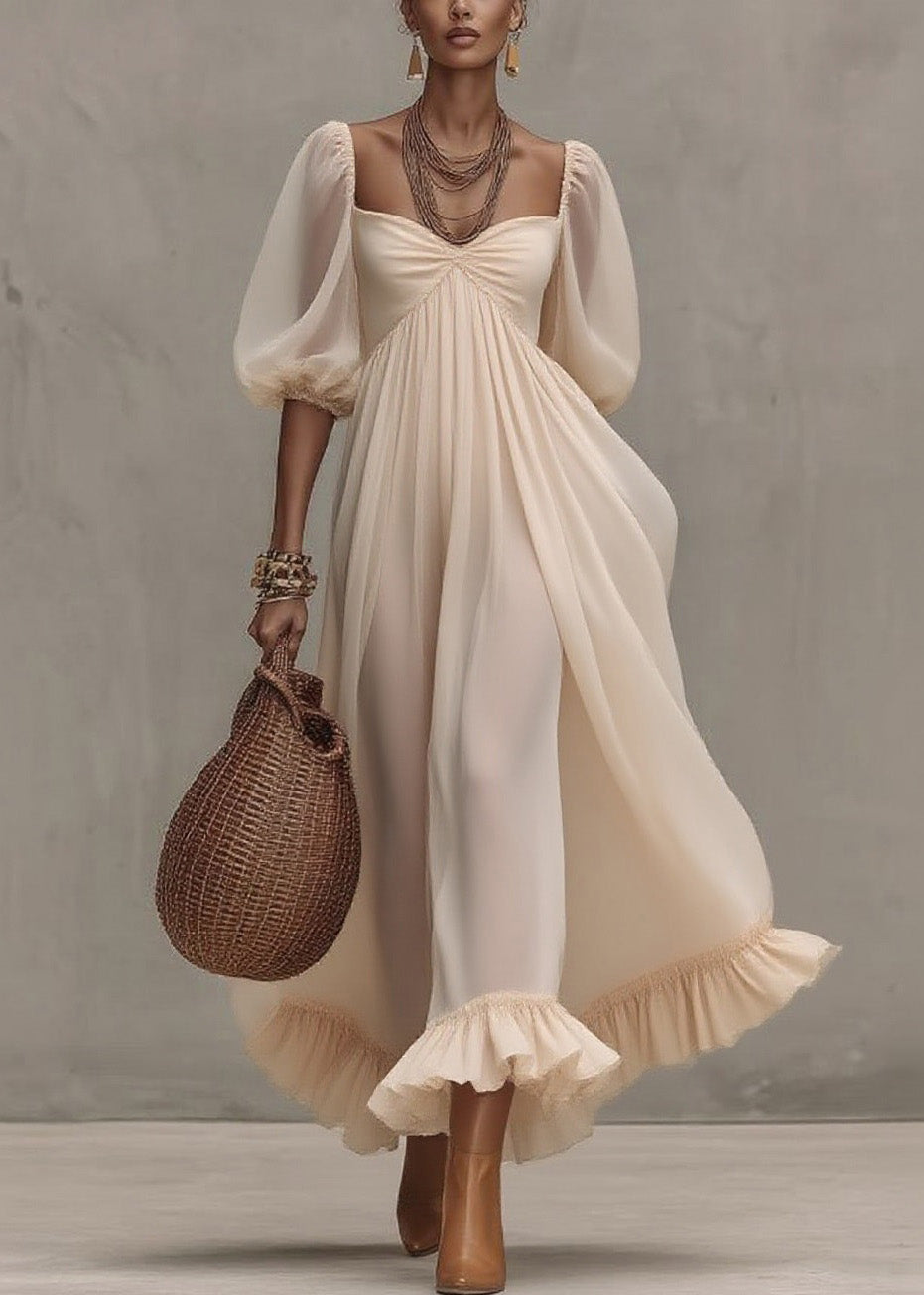 Boutique Beige Ruffled Puff Sleeve Patchwork Chiffon Dresses