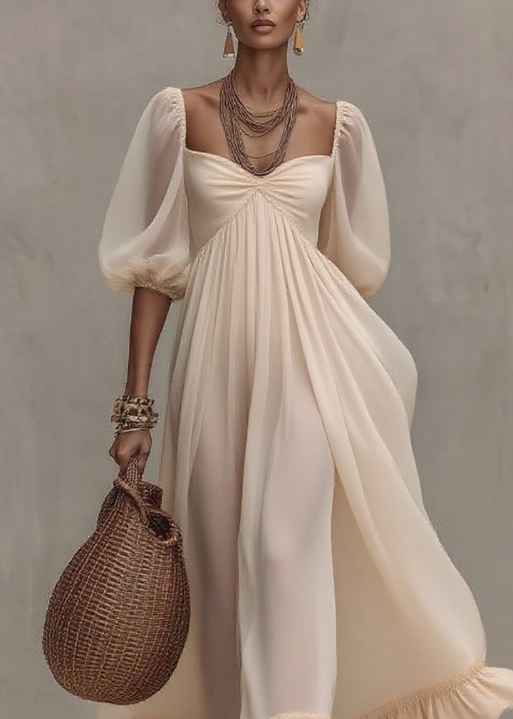 Boutique Beige Ruffled Puff Sleeve Patchwork Chiffon Dresses