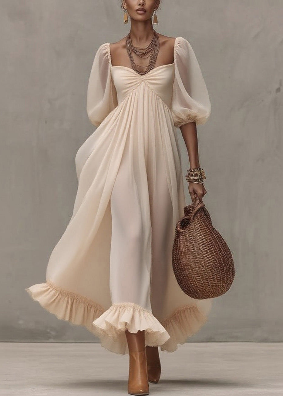 Boutique Beige Ruffled Puff Sleeve Patchwork Chiffon Dresses