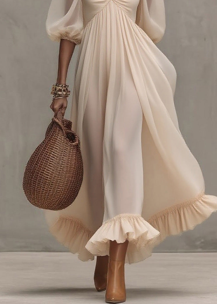 Boutique Beige Ruffled Puff Sleeve Patchwork Chiffon Dresses