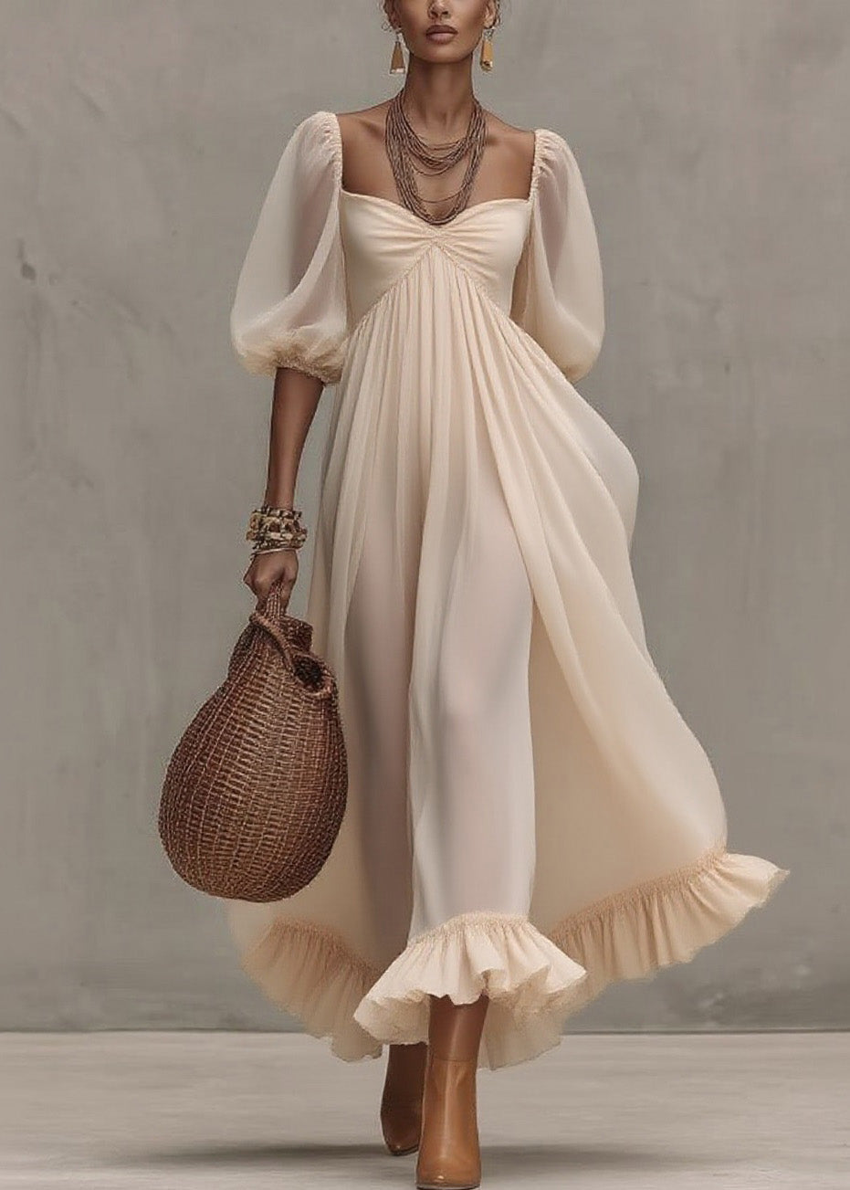 Boutique Beige Ruffled Puff Sleeve Patchwork Chiffon Dresses