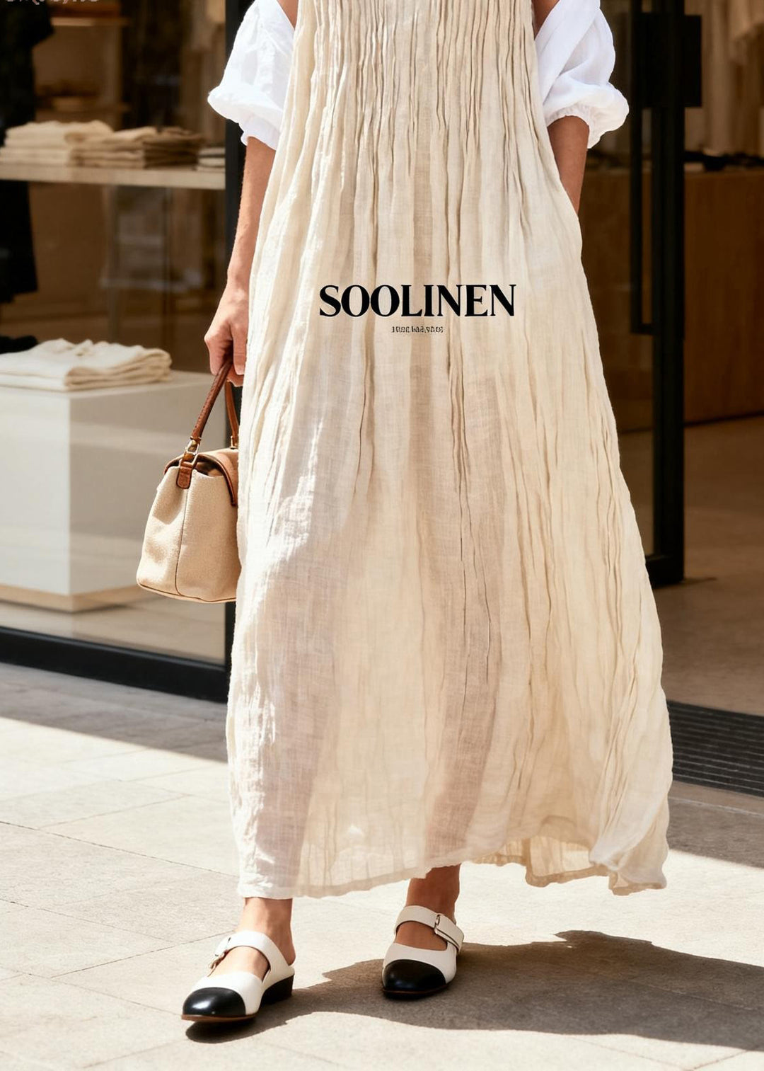 Boutique Beige V Neck Wrinkled Cotton Long Dresses Sleeveless