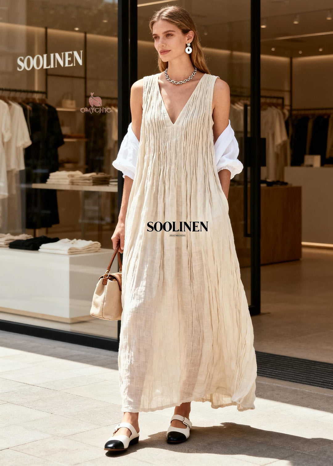Boutique Beige V Neck Wrinkled Cotton Long Dresses Sleeveless