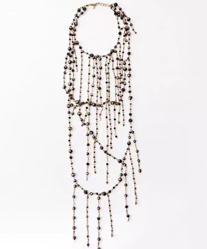 Boutique Black Alloy Glass Beading Tassel Pendant Necklace