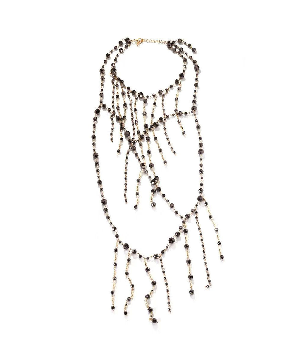 Boutique Black Alloy Glass Beading Tassel Pendant Necklace