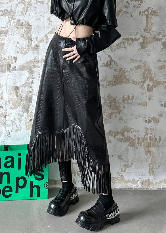 Boutique Black Asymmetrical Tasseled Faux Leather Skirts Spring