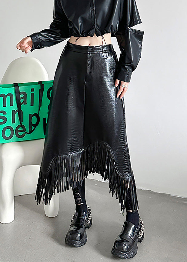 Boutique Black Asymmetrical Tasseled Faux Leather Skirts Spring