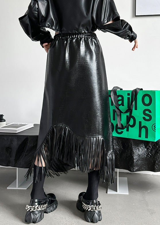 Boutique Black Asymmetrical Tasseled Faux Leather Skirts Spring