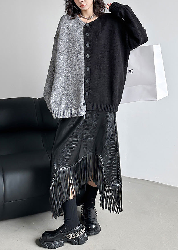 Boutique Black Asymmetrical Tasseled Faux Leather Skirts Spring