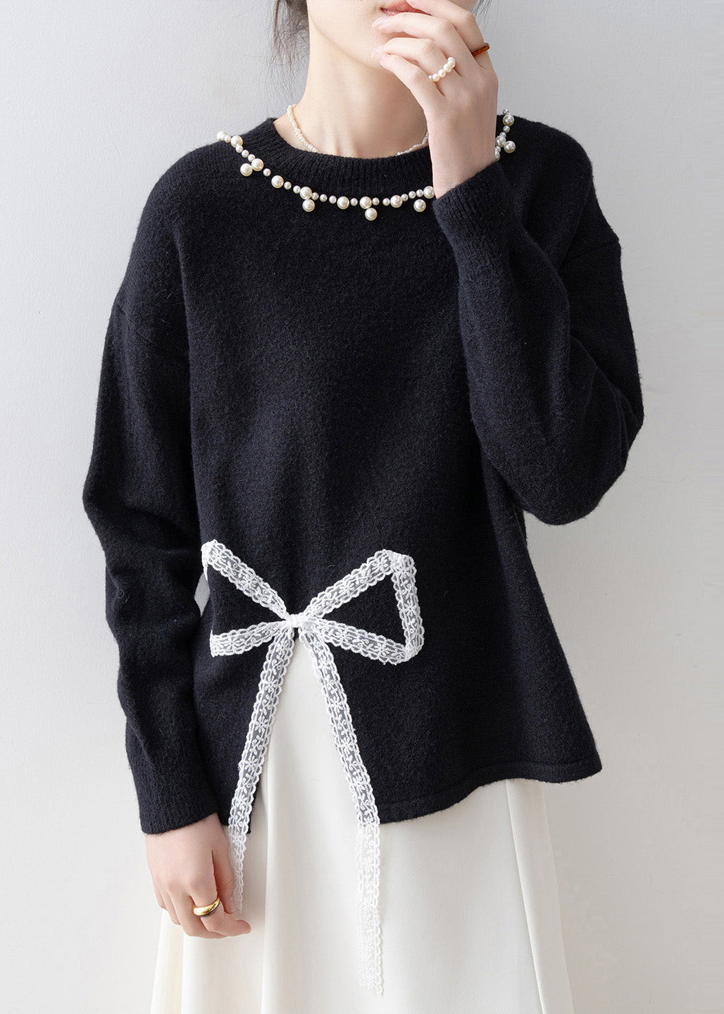 Boutique Black Bow Nail Bead Knit Pullover Winter