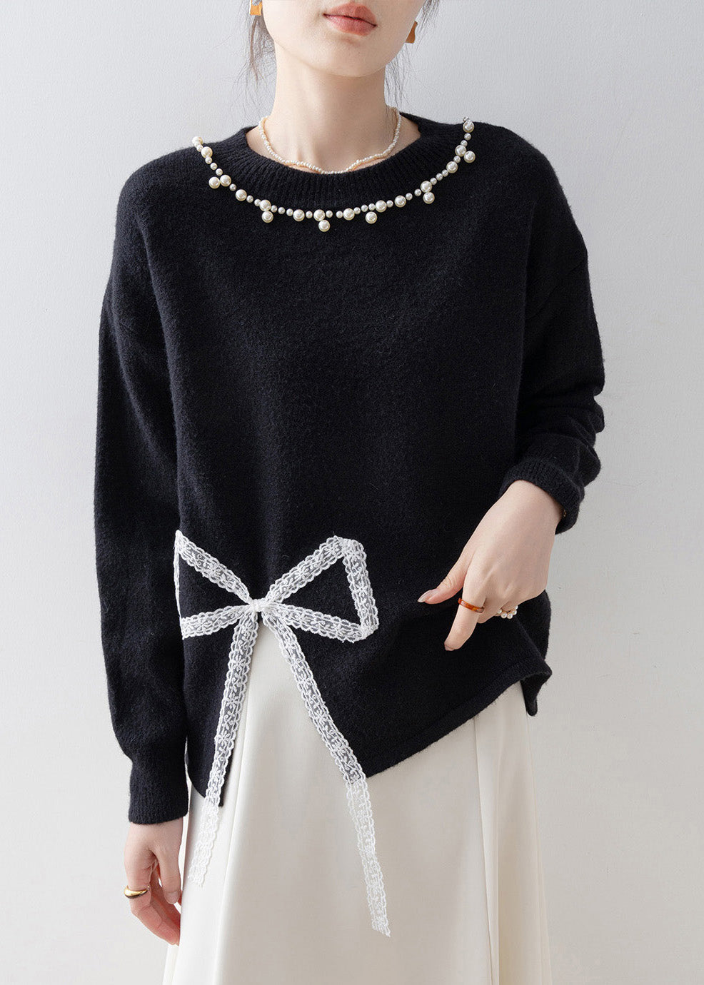 Boutique Black Bow Nail Bead Knit Pullover Winter