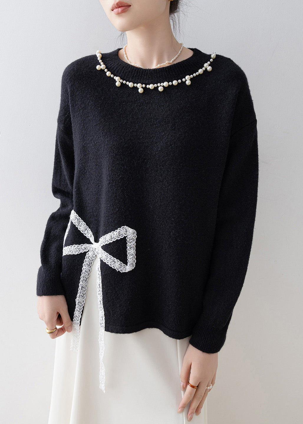 Boutique Black Bow Nail Bead Knit Pullover Winter
