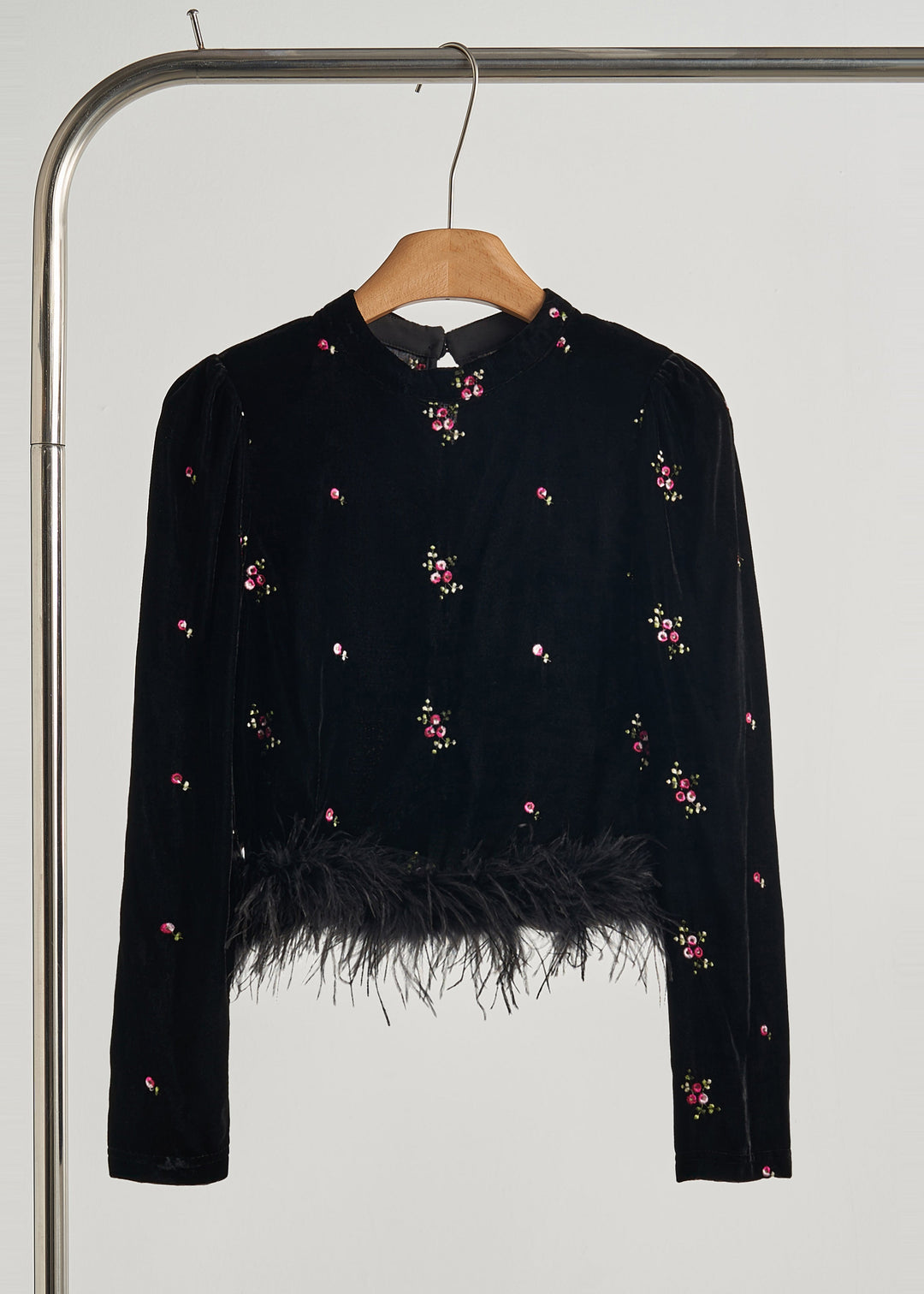 Boutique Black Embroidered Patchwork Feather Silk Velour Tops Fall