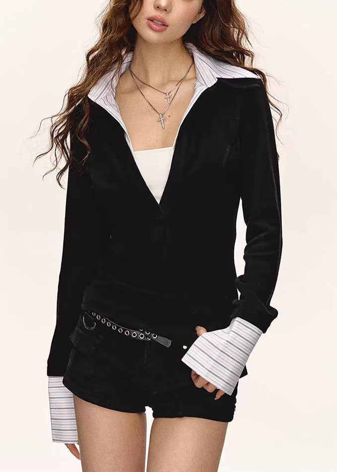 Boutique Black False Two Pieces Patchwork Cotton T Shirt Tops Fall