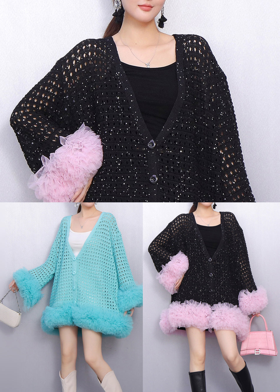 Boutique Black Hollow Out Patchwork Tulle Knit Cardigan Spring