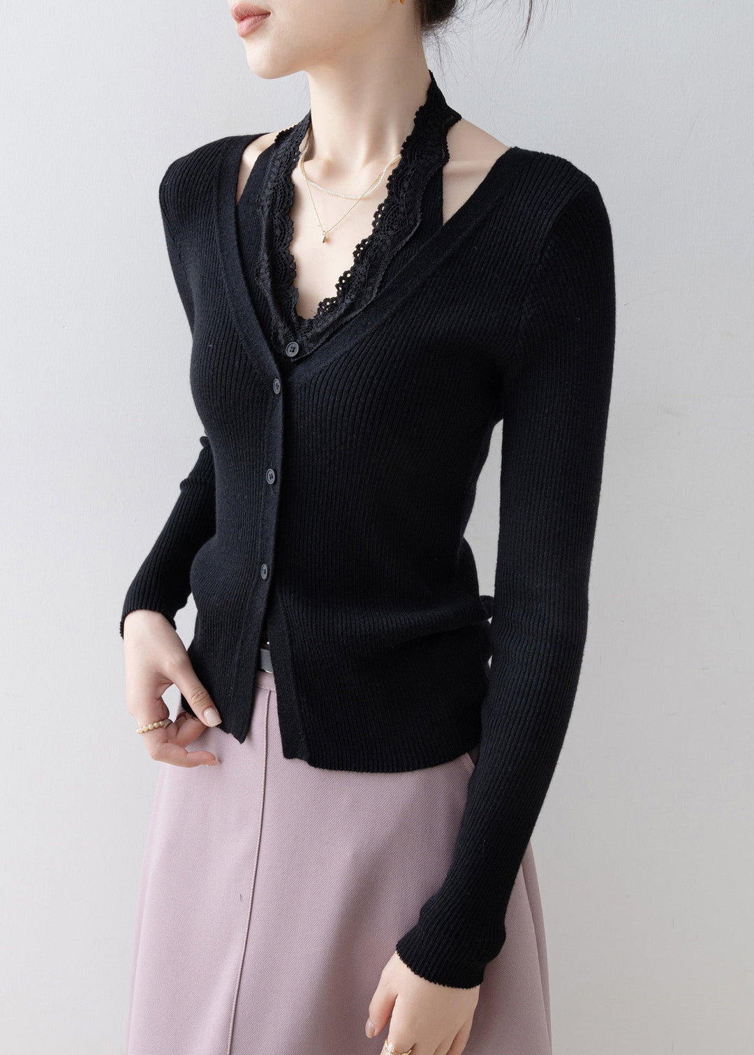 Boutique Black Lace Patchwork False Two Pieces Knitted Tops Spring