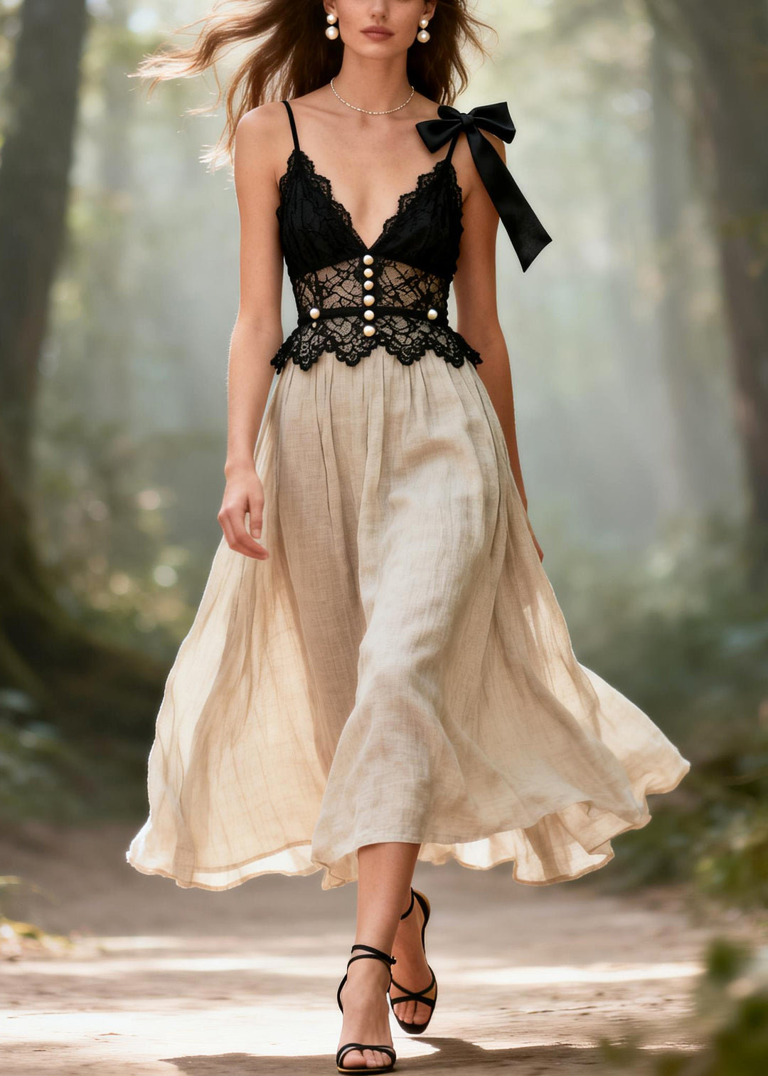 Boutique Black Lace Patchwork Fine Pearl Cami Dress Summer