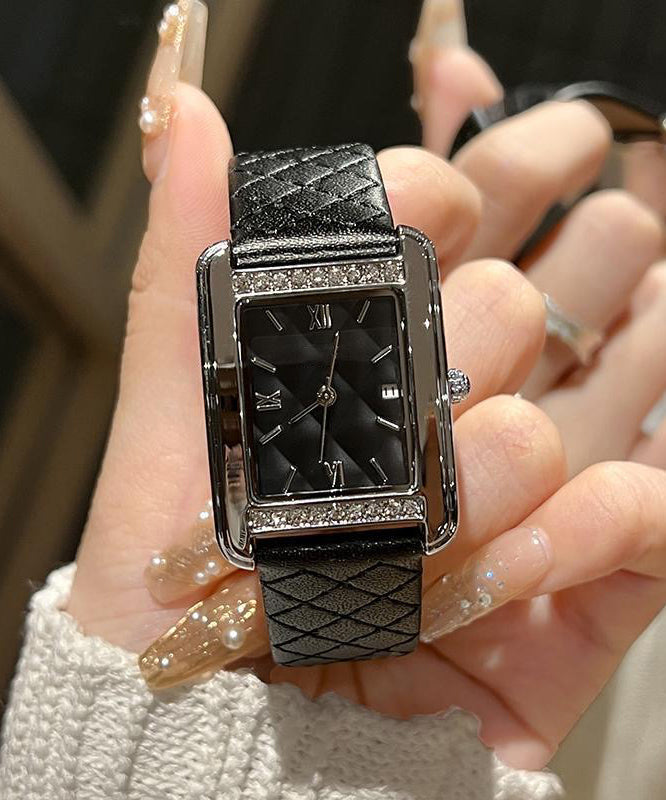 Boutique Black Leather Alloy Plaid Patchwork Waterproof Watch