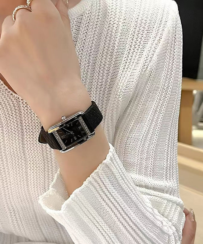 Boutique Black Leather Alloy Plaid Patchwork Waterproof Watch