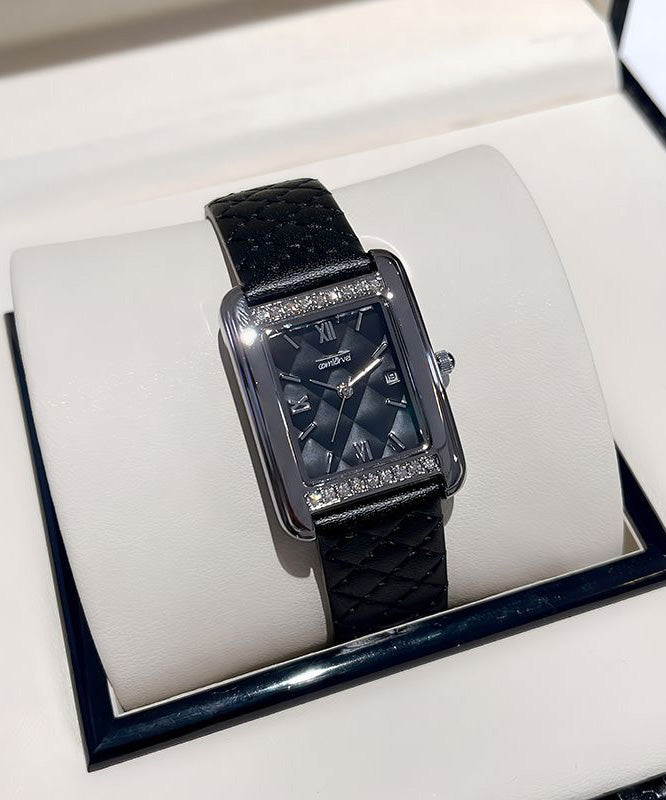 Boutique Black Leather Alloy Plaid Patchwork Waterproof Watch