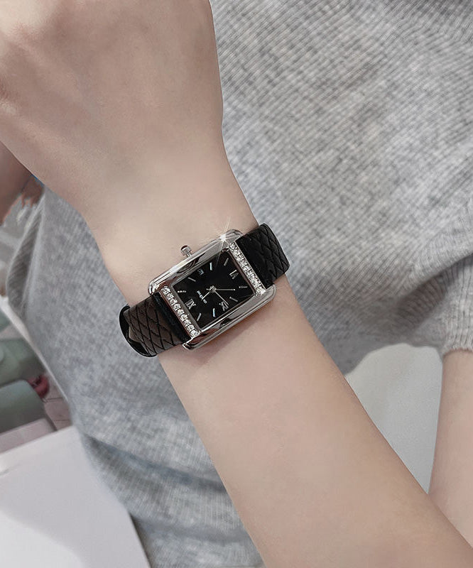 Boutique Black Leather Alloy Plaid Patchwork Waterproof Watch