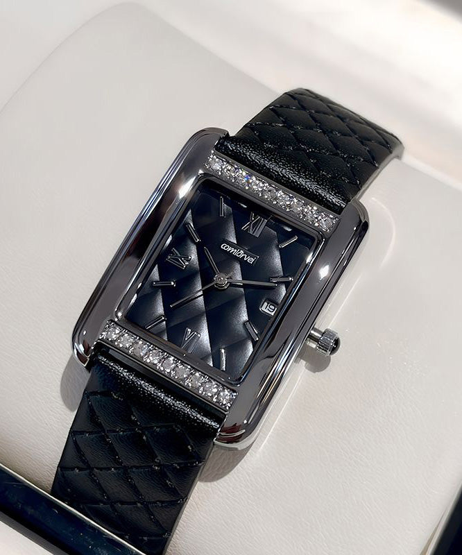 Boutique Black Leather Alloy Plaid Patchwork Waterproof Watch