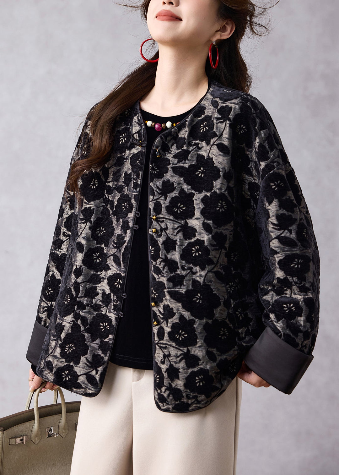 Boutique Black O Neck Jacquard Oriental Button Cotton Coat Spring