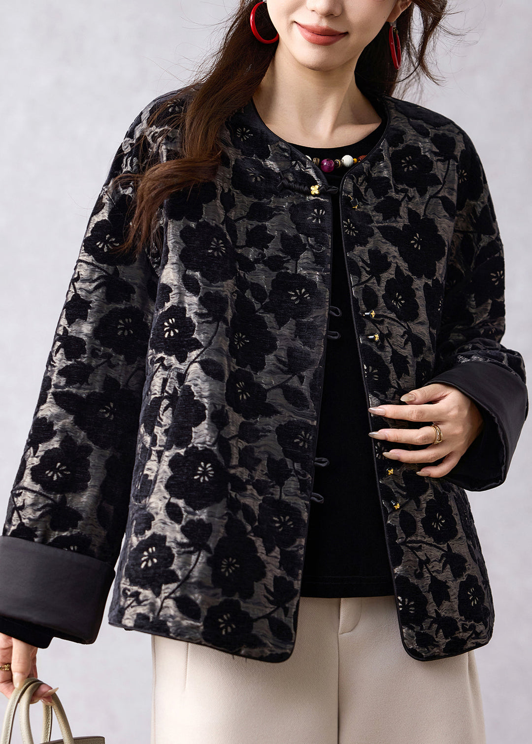 Boutique Black O Neck Jacquard Oriental Button Cotton Coat Spring