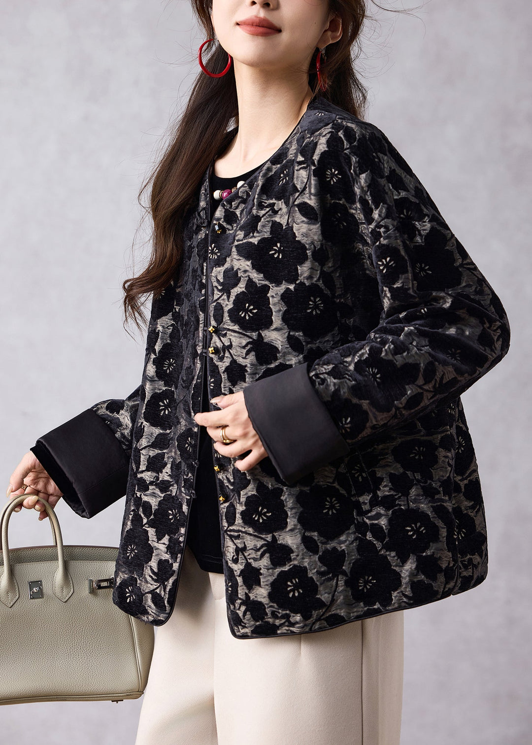 Boutique Black O Neck Jacquard Oriental Button Cotton Coat Spring